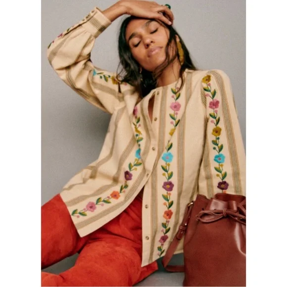 SEZANE Yellow Ecru Pink Striped Floral Embroidered Button Down Aina Blouse Shirt - Picture 6 of 16